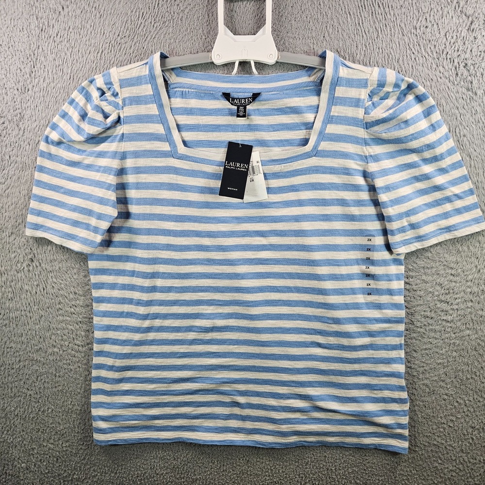 NEW Lauren Ralph Lauren Tee Top Women 2X Stretch White Blue Striped
